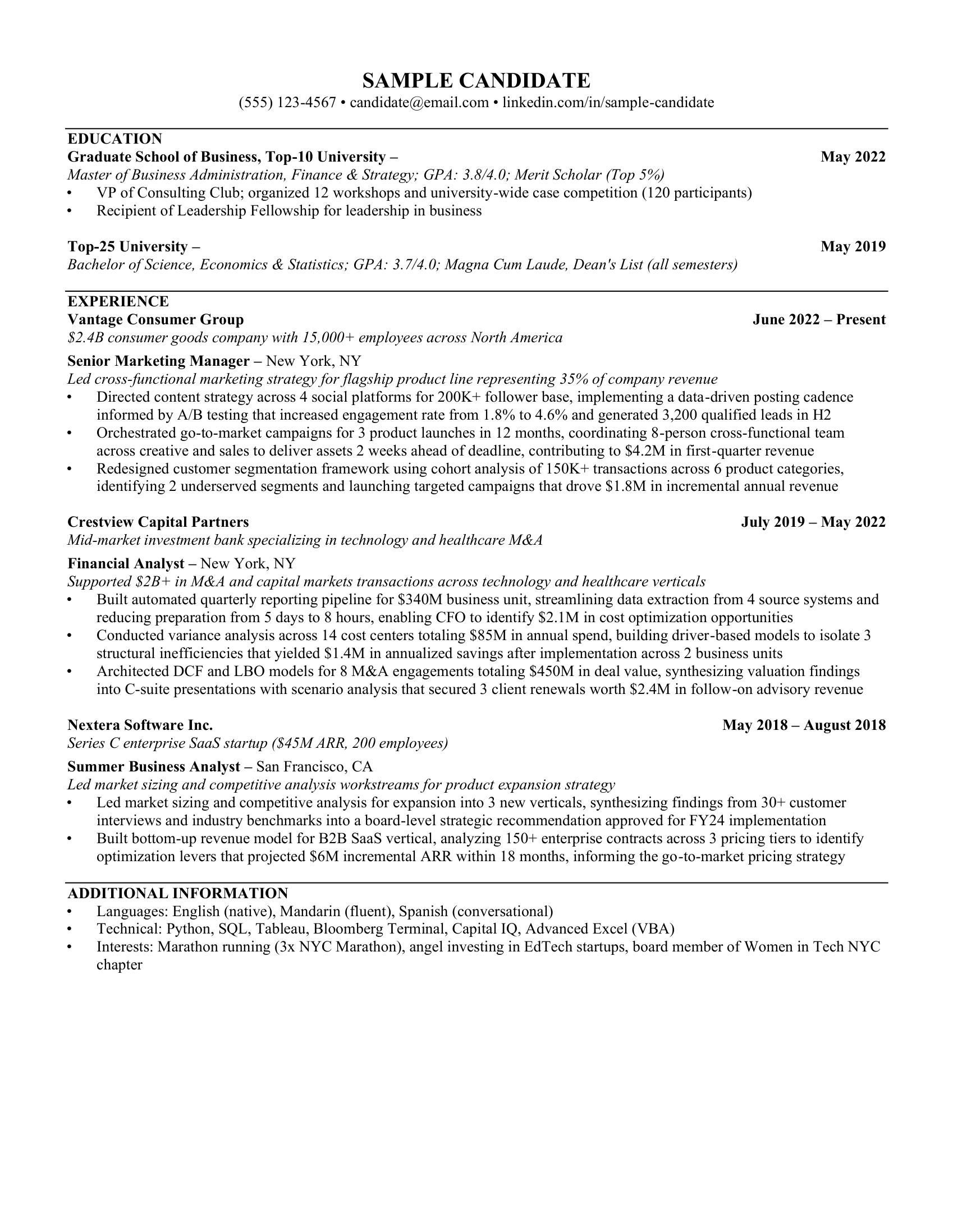 Sample ConsultEdge Word document output -- consulting-grade resume in BCG template format with transformed bullets